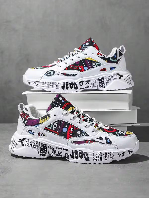 Men's White Graffiti Pattern Lace-Up Comfortable Round Toe Versatile Campus Casual Sports Sneakers, Suitable For Jeans Active Wear