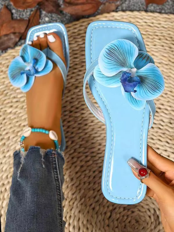New 2025 Large Size European Style Summer Open Toe Faux Flower Decor Flat Slide Sandals For Women,Flip Flops