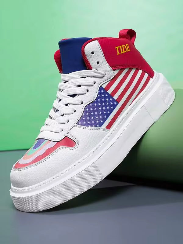 Men's White Patriotic High-Top Sneakers - Star-Spangled Design With Red Suede Heel For Urban Street Style, Year-Round Shoes For Men