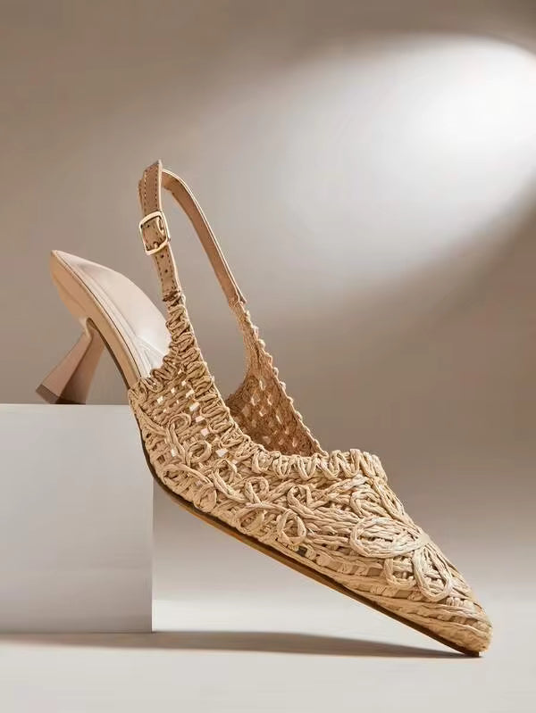 SHUZIA Women's Raffia Pointed Toe Slingback Heeled Pumps– Elegant, Handwoven & Vacation-Ready. Valentine's Day