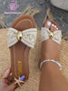 Women's Wide Fit Bow Knot Metal Embellished Flat Sandals, Elegant Slip-On Versatile Vacation Flat Sandals