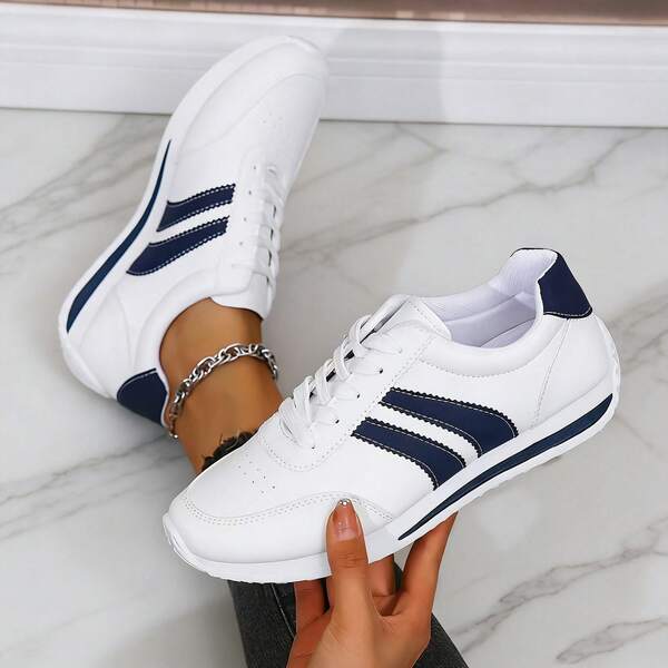 2026 Fall Women's Lightweight Lace-Up Casual Sneakers, White Blue Striped Low-Top EVA Sole, Cushioned Non-Slip Walking Shoes